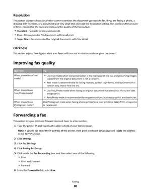 Page 80Resolution
This option increases how closely the scanner examines the document you want to fax. If you are faxing a photo, a
drawing with fine lines, or a document with very small text, increase the Resolution setting. This increases the amount
of time required for the scan and increases the quality of the fax output.
Standard—Suitable for most documents
Fine—Recommended for documents with small print
Super fine—Recommended for original documents with fine detail
Darkness
This option adjusts how light or...