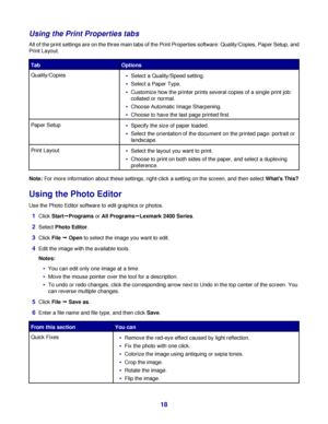 Page 18Using the Print Properties tabs
All of the print settings are on the three main tabs of the Print Properties software: Quality/Copies, Paper Setup, and
Print Layout.
TabOptions
Quality/CopiesSelect a Quality/Speed setting.
Select a Paper Type.
Customize how the printer prints several copies of a single print job:
collated or normal.
Choose Automatic Image Sharpening.
Choose to have the last page printed first.
Paper SetupSpecify the size of paper loaded.
Select the orientation of the document on the...