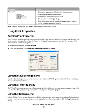 Page 18From hereYou can
AdvancedChange the appearance of the Printing Status window.
Download the newest software files.
Turn printing voice notification on or off.
Change network printing settings.
Share information with us regarding how you use the printer.
Obtain software version information.
Note: For more information, click Help in the lower right corner of the screen.
Using Print Properties
Opening Print Properties
Print Properties is the software that controls the printing function when the printer is...