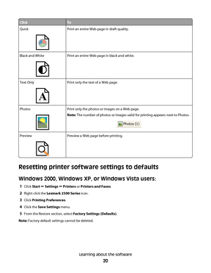 Page 20ClickTo
QuickPrint an entire Web page in draft quality.
Black and WhitePrint an entire Web page in black and white.
Text Only
A
Print only the text of a Web page.
PhotosPrint only the photos or images on a Web page.
Note: The number of photos or images valid for printing appears next to Photos.
PreviewPreview a Web page before printing.
Resetting printer software settings to defaults
Windows 2000, Windows XP, or Windows Vista users:
1Click Start Œ Settings Œ Printers or Printers and Faxes.
2Right-click...