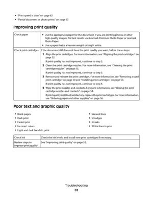 Page 61“Print speed is slow” on page 62
“Partial document or photo prints” on page 63
Improving print quality
Check paperUse the appropriate paper for the document. If you are printing photos or other
high-quality images, for best results use Lexmark Premium Photo Paper or Lexmark
Photo Paper.
Use a paper that is a heavier weight or bright white.
Check print cartridgesIf the document still does not have the print quality you want, follow these steps:
1Align the print cartridges. For more information, see...