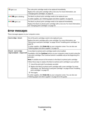 Page 71 light is onThe color print cartridge needs to be replaced immediately.
Replace the color print cartridge with a new one. For more information, see
“Changing print cartridges” on page 50.
 light is blinkingThe black (or photo) print cartridge needs to be replaced soon.
To order supplies, see “Ordering paper and other supplies” on page 56.
 light is onThe black (or photo) print cartridge needs to be replaced immediately.
Replace the black (or photo) print cartridge with a new one. For more information,...