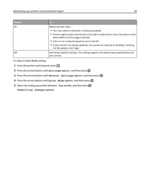 Page 38ChooseTo
On Reduce printer noise.
You may notice a reduction in processing speed.
Printer engine motors do not start until a job is ready to print. You may notice a short
delay before the first page is printed.
Fans run at a reduced speed or are turned off.
If your printer has faxing capability, fax sounds are reduced or disabled, including
the fax speaker and ringer.
Off Use factory default settings. This setting supports the performance specifications for
your printer.
To select a Quiet Mode setting:...