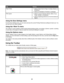 Page 31TabChoices
Paper SetupSelect a Paper Size for Paper, Envelope, Banner, or
Borderless.
Select an Orientation of Portrait or Landscape.
Print LayoutSelect a Layout of Normal, Banner, Mirror, N-up,
Poster, Booklet, or Borderless.
Select a duplexing preference on how the sheets are
flipped.
Using the Save Settings menu
From the Save Settings menu, you can name and save the current Printing Preferences settings for future use. You
can save up to six custom settings.
Using the I Want To menu
The “I Want To”...