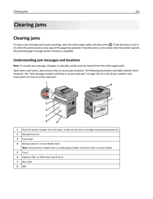 Page 161Clearing jams
Clearing jams
To clear a jam message and resume printing, clear the entire paper path, and then press . If Jam Recovery is set to
On, then the printer prints a new copy of the page that jammed. If Jam Recovery is set to Auto, then the printer reprints
the jammed page if enough printer memory is available.
Understanding jam messages and locations
Note: To resolve any message, all paper or specialty media must be cleared from the entire paper path.
Open doors and covers, and remove trays to...