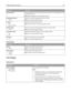 Page 135Menu itemDescription
Base File NameLimit the base file name to under 53 characters, because the time is added to the end
of the base file name
Note: Scanned‑image is the factory default setting.
Background Removal
‑4 to +4Adjusts the amount of background visible on a copy
Note: 0 is the factory default setting.
Contrast
0–5
Best for contentSpecifies the contrast of the output
Note: “Best for content” is the factory default setting.
Shadow Detail
‑4 to +4Adjusts the amount of shadow detail visible on a...