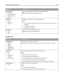 Page 138Menu itemDescription
N‑Up Ordering
Horizontal
Reverse Horizontal
Reverse Vertical
VerticalSpecifies how the page images appear on the physical page
Note: Horizontal is the factory default setting.
Orientation
Auto
Landscape
PortraitSpecifies the orientation of a multiple‑page sheet
Notes:
Auto is the factory default setting. The printer chooses between portrait and
landscape.
Long Edge uses landscape.
Short Edge uses portrait.
N‑Up Border
None
SolidPrints a border around each page image
Note: None is the...