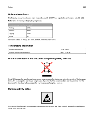 Page 213Noise emission levels
The following measurements were made in accordance with ISO 7779 and reported in conformance with ISO 9296.
Note: Some modes may not apply to your product.
1-meter average sound pressure, dBA
Printing 53 dBA
Scanning 49 dBA
Copying 53 dBA
Ready N/A
Values are subject to change. See www.lexmark.com for current values.
Temperature information
Ambient temperature 15.6C° – 32.2C°
Shipping and storage temperature‑40.0C° – 60.0C°
Waste from Electrical and Electronic Equipment (WEEE)...