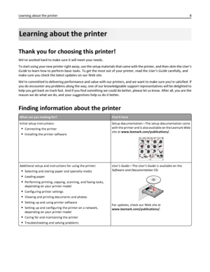 Page 8Learning about the printer
Thank you for choosing this printer!
Weve worked hard to make sure it will meet your needs.
To start using your new printer right away, use the setup materials that came with the printer, and then skim the User’s
Guide to learn how to perform basic tasks. To get the most out of your printer, read the User’s Guide carefully, and
make sure you check the latest updates on our Web site.
Were committed to delivering performance and value with our printers, and we want to make sure...