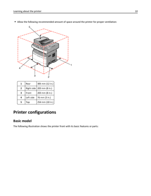 Page 10Allow the following recommended amount of space around the printer for proper ventilation:
3 4
1
2
5
1Rear 305 mm (12 in.)
2Right side 203 mm (8 in.)
3Front 203 mm (8 in.)
4Left side 76 mm (3 in.)
5Top 254 mm (10 in.)
Printer configurations
Basic model
The following illustration shows the printer front with its basic features or parts: Learning about the printer10
Downloaded From ManualsPrinter.com Manuals 