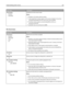 Page 141Menu itemDescription
Font Priority
Resident
Flash/DiskEstablishes the font search order
Notes:
Resident is the factory default setting.
A formatted flash memory option card must be installed in the printer
and operating properly for this menu item to be available.
The flash memory option cannot be Read/Write, Write, or
password‑protected.
Job Buffer Size must not be set to 100%.
PCL Emul menu
Menu itemDescription
Font Source
Resident
Download
Flash
AllSpecifies the set of fonts available
Notes:
Resident...