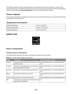 Page 131The WEEE logo signifies specific recycling programs and procedures for electronic products in countries of the
European Union. We encourage the recycling of our products. If you have further questions about recycling options,
visit the Lexmark Web site at www.lexmark.com for your local sales office phone number.
Product disposal
Do not dispose of the printer or supplies in the same manner as normal household waste. Consult your local authorities
for disposal and recycling options.
Temperature...