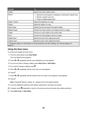 Page 20Use thisTo
Copies*Specify how many copies to print.
Resize*Specify the percentage for enlarging or reducing the original copy.
Specify a specific copy size.
Create a multiple-page poster.
Lighter / Darker*Adjust the brightness of a copy.
Quality*Adjust the quality of a copy.
Paper SetupSpecify the size and type of the paper loaded.
Repeat Image*Choose how many copies of an image to print on a page.
CollatePrint one or more copies in the correct order.
N-Up*Choose how many pages to print on a page....