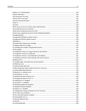 Page 11Replace  if restarting job. .......................................................................................................................... 259
Restore Held Jobs?.......................................................................................................................................... 259
Scan Document Too Long ............................................................................................................................... 259
Scanner ADF Cover Open...