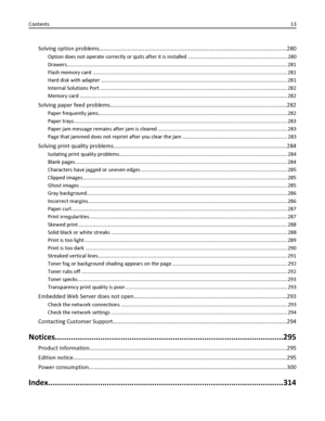 Page 13Solving option problems........................................................................................................................280
Option does not operate correctly or quits after it is installed ...................................................................... 280
Drawers........................................................................................................................................................... 281
Flash memory card...