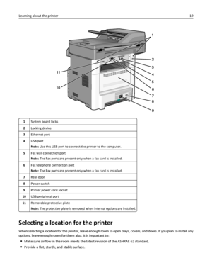 Page 191System board locks
2Locking device
3Ethernet port
4USB port
Note: Use this USB port to connect the printer to the computer.
5Fax wall connection port
Note: The Fax ports are present only when a fax card is installed.
6Fax telephone connection port
Note: The Fax ports are present only when a fax card is installed.
7Rear door
8Power switch
9Printer power cord socket
10USB peripheral port
11Removable protective plate
Note: The protective plate is removed when internal options are installed.
Selecting a...