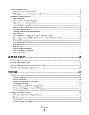 Page 3Advanced wireless setup..................................................................................................................................................39
Creating an ad hoc wireless network ...................................................................................................................................... 39
Adding a printer to an existing ad hoc wireless network ................................................................................................ 43...