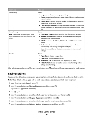 Page 26From hereYou can
Device SetupSelect:
Language to change the language setting.
Country to set the default blank paper size and date format being used
in your location.
Power Saver to set the time that it takes for the printer to switch to
Power Saver mode when left idle.
Clear Settings Timeout to change the time that it takes for the printer
to reset the menus to factory default settings when the printer is left
idle.
Network Setup
Note: Your printer model may not have
wireless capability and may not have...