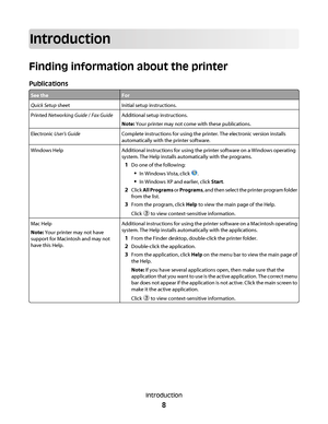 Page 8Introduction
Finding information about the printer
Publications
See theFor
Quick Setup sheetInitial setup instructions.
Printed Networking Guide / Fax GuideAdditional setup instructions.
Note: Your printer may not come with these publications.
Electronic User's GuideComplete instructions for using the printer. The electronic version installs
automatically with the printer software.
Windows HelpAdditional instructions for using the printer software on a Windows operating
system. The Help installs...