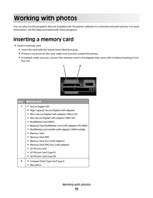 Page 72Working with photos
You can also use the programs that are installed with the printer software to customize and print photos. For more
information, see the Help associated with these programs.
Inserting a memory card
1Insert a memory card.
Insert the card with the brand name label facing up.
If there is an arrow on the card, make sure it points toward the printer.
If needed, make sure you connect the memory card to the adapter that came with it before inserting it into
the slot.
12
SlotMemory card...