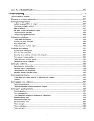 Page 7Using the Embedded Web Server...................................................................................................116
Troubleshooting.........................................................................................................117
Online customer support.................................................................................................................117
Checking an unresponsive...