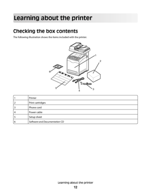 Page 12Learning about the printer
Checking the box contents
The following illustration shows the items included with the printer.
1
2
3
4 5 6
1Printer
2Print cartridges
3Phone cord
4Power cable
5Setup sheet
6Software and Documentation CD
Learning about the printer
12
Downloaded From ManualsPrinter.com Manuals 