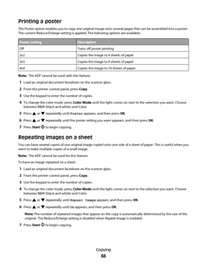 Page 68Printing a poster
The Poster option enables you to copy one original image onto several pages that can be assembled into a poster.
The current Reduce/Enlarge setting is applied. The following options are available:
Poster settingDescription
OffTurns off poster printing
2x2Copies the image to 4 sheets of paper
3x3Copies the image to 9 sheets of paper
4x4Copies the image to 16 sheets of paper
Note:  The ADF cannot be used with this feature.
1Load an original document facedown on the scanner glass.
2From...