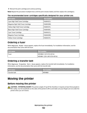 Page 1623Reinsert the print cartridge and continue printing.
Note: Repeat this procedure multiple times until the print remains faded, and then replace the cartridge(s).
The recommended toner cartridges specifically designed for your printer are:
Part namePart number
Cyan High Yield Toner CartridgeX560H2CG
Magenta High Yield Toner CartridgeX560H2MG
Yellow High Yield Toner CartridgeX560H2YG
Black High Yield Toner CartridgeX560H2KG
Cyan Toner CartridgeX560A2CG
Magenta Toner CartridgeX560A2MG
Yellow Toner...