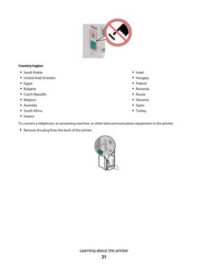 Page 21FA X
Country/region
Saudi Arabia
United Arab Emirates
Egypt
Bulgaria
Czech Republic
Belgium
Australia
South Africa
Greece
Israel
Hungary
Poland
Romania
Russia
Slovenia
Spain
Turkey
To connect a telephone, an answering machine, or other telecommunications equipment to the printer:
1Remove the plug from the back of the printer.
FA X
Learning about the printer
21
Downloaded From ManualsPrinter.com Manuals 