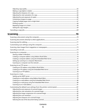 Page 5Adjusting copy quality .................................................................................................................................................................. 65
Making a copy lighter or darker ................................................................................................................................................ 65
Adjusting the sharpness of a copy...