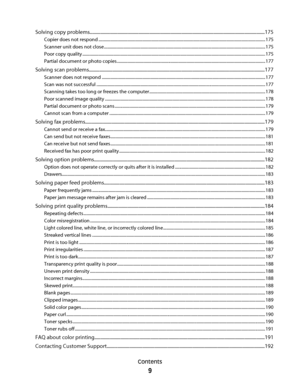 Page 9Solving copy problems...................................................................................................................................................175
Copier does not respond ...........................................................................................................................................................175
Scanner unit does not...