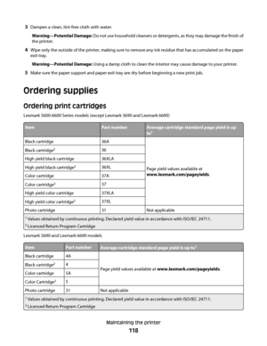 Page 1183Dampen a clean, lint-free cloth with water.
Warning—Potential Damage: Do not use household cleaners or detergents, as they may damage the finish of
the printer.
4Wipe only the outside of the printer, making sure to remove any ink residue that has accumulated on the paper
exit tray.
Warning—Potential Damage: Using a damp cloth to clean the interior may cause damage to your printer.
5Make sure the paper support and paper exit tray are dry before beginning a new print job.
Ordering supplies
Ordering print...