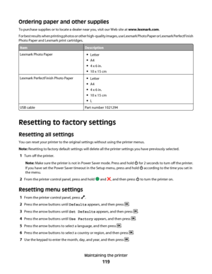 Page 119Ordering paper and other supplies
To purchase supplies or to locate a dealer near you, visit our Web site at www.lexmark.com.
For best results when printing photos or other high-quality images, use Lexmark Photo Paper or Lexmark PerfectFinish
Photo Paper and Lexmark print cartridges.
ItemDescription
Lexmark Photo PaperLetter
A4
4 x 6 in.
10 x 15 cm
Lexmark PerfectFinish Photo PaperLetter
A4
4 x 6 in.
10 x 15 cm
L
USB cablePart number 1021294
Resetting to factory settings
Resetting all settings
You can...