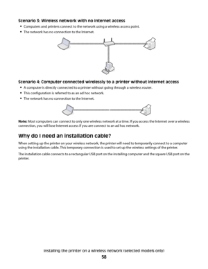 Page 58Scenario 3: Wireless network with no Internet access

Computers and printers connect to the network using a wireless access point.
The network has no connection to the Internet.
Scenario 4: Computer connected wirelessly to a printer without Internet access

A computer is directly connected to a printer without going through a wireless router.
This configuration is referred to as an ad hoc network.
The network has no connection to the Internet.
Note: Most computers can connect to only one wireless network...