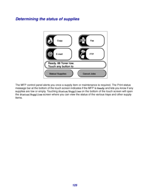 Page 125125
Determining the status of supplies
The MFP control panel alerts you once a supply item or maintenance is required. The Print status 
message bar at the bottom of the touch screen indicates if the MFP is Ready and lets you know if any 
supplies are low or empty. Touching Status/Supplies on the bottom of the touch screen will open 
the Status/Supplies screen where you can view the status of the various trays and other supply 
items.
Copy
E-mail FTPFax
Ready. 88 Toner low. 
Touch any button to 
Status/...