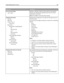 Page 187Menu itemDescription
Scan to PC Port Range
Specifies a valid port range for printers behind a port blocking
firewall. The valid ports are specified by two sets of numbers
separated by a semicolon.
Note: 9751:12000 is the factory default setting.
Displayed Information
Left side
Right side
Custom Text 

Black Toner
Display When Supply Registers
Off
Early Warning
Low
Near End of Life
End of Life
Type of Message to Display
Default
Alternate
Default Message

Alternate Message
Specifies what is displayed on...