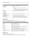 Page 173Menu itemDescription
Network Mode
Infrastructure
Ad hocSpecifies the network mode
Notes:
Infrastructure mode lets the printer access a network using an
access point.
Ad hoc is the factory default setting. Ad hoc mode configures the
printer for wireless networking directly between it and a computer.
Compatibility
802.11n
802.11b/g
802.11b/g/nSpecifies the wireless standard for the wireless network
Choose Network
Lets you select an available network for the printer to use
View Signal QualityLets you view...