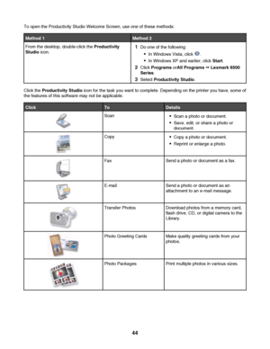 Page 44To open the Productivity Studio Welcome Screen, use one of these methods:
Method 1Method 2
From the desktop, double-click the Productivity
Studio icon.1Do one of the following:
In Windows Vista, click .
In Windows XP and earlier, click Start.
2Click Programs orAll Programs Œ Lexmark 6500
Series.
3Select Productivity Studio.
Click the Productivity Studio icon for the task you want to complete. Depending on the printer you have, some of
the features of this software may not be applicable.
ClickToDetails...