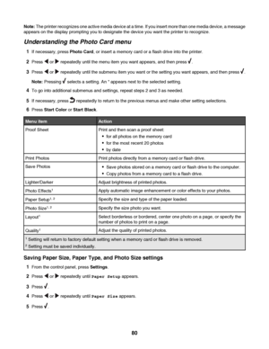 Page 80Note: The printer recognizes one active media device at a time. If you insert more than one media device, a message
appears on the display prompting you to designate the device you want the printer to recognize.
Understanding the Photo Card menu
1If necessary, press Photo Card, or insert a memory card or a flash drive into the printer.
2Press  or  repeatedly until the menu item you want appears, and then press .
3Press  or  repeatedly until the submenu item you want or the setting you want appears, and...