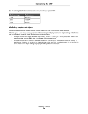 Page 99Ordering supplies
99
Maintaining the MFP
See the following table for the maintenance kit part number for your specific MFP. 
Ordering staple cartridges
Staple cartridges hold 3,000 staples. Use part number 25A0013 to order a pack of three staple cartridges.
 When Staples Low or Staples Empty appears on the operator panel display, insert a new staple cartridge in the finisher. 
See the illustrations inside the stapler access door for more information.
If Staple Alarm is set to Single, the MFP stops...