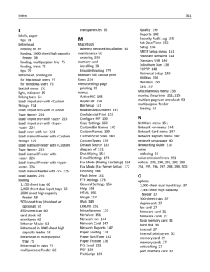 Page 311L
labels, paper 
tips  78
letterhead 
copying to  89
loading, 2000‑sheet high capacity
feeder  58
loading, multipurpose tray  75
loading, trays  75
tips  75
letterhead, printing on 
for Macintosh users  75
for Windows users  75
LexLink menu  151
light, indicator  15
linking trays  64
Load  with   224
Load  with   224
Load  with   225
Load  with 
  224
Load  with   224
Load Manual Feeder with   225
Load Manual Feeder with   225
Load Manual Feeder with
  226
Load Manual Feeder with 
  226
Load manual...