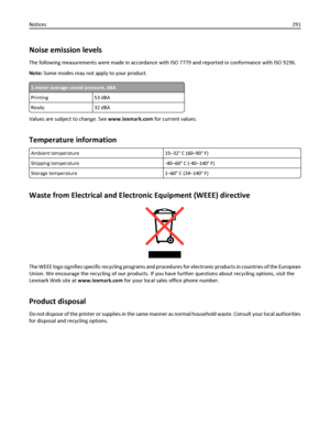 Page 291Noise emission levels
The following measurements were made in accordance with ISO 7779 and reported in conformance with ISO 9296.
Note: Some modes may not apply to your product.
1-meter average sound pressure, dBA
Printing 53 dBA
Ready 32 dBA
Values are subject to change. See www.lexmark.com for current values.
Temperature information
Ambient temperature 15–32° C (60–90° F)
Shipping temperature‑40–60° C (‑40–140° F)
Storage temperature 1–60° C (34–140° F)
Waste from Electrical and Electronic Equipment...