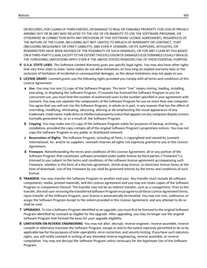 Page 305OR RECORDS, FOR CLAIMS OF THIRD PARTIES, OR DAMAGE TO REAL OR TANGIBLE PROPERTY, FOR LOSS OF PRIVACY
ARISING OUT OR IN ANY WAY RELATED TO THE USE OF OR INABILITY TO USE THE SOFTWARE PROGRAM, OR
OTHERWISE IN CONNECTION WITH ANY PROVISION OF THIS SOFTWARE LICENSE AGREEMENT), REGARDLESS OF
THE NATURE OF THE CLAIM, INCLUDING BUT NOT LIMITED TO BREACH OF WARRANTY OR CONTRACT, TORT
(INCLUDING NEGLIGENCE OR STRICT LIABILITY), AND EVEN IF LEXMARK, OR ITS SUPPLIERS, AFFILIATES, OR
REMARKETERS HAVE BEEN ADVISED OF...