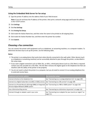 Page 108Using the Embedded Web Server for fax setup
1Type the printer IP address into the address field of your Web browser.
Note: If you do not know the IP address of the printer, then print a network setup page and locate the address
in the TCP/IP section.
2Click Settings.
3Click Fax Settings.
4Click Analog Fax Setup.
5Click inside the Station Name box, and then enter the name to be printed on all outgoing faxes.
6Click inside the Station Number box, and then enter the printer fax number.
7Click Submit....