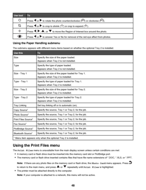 Page 48Use toolToPress  or  to rotate the photo counterclockwise () or clockwise ().Press  or  to crop to shrink () or crop to expand ().Press , , , or  to move the Region of Interest box around the photo.Press  or  to answer Yes or No for removal of the red-eye effect from photos.
Using the Paper Handling submenu
The submenu appears with different menu items based on whether the optional Tray 2 is installed.
Use thisToSizeSpecify the size of the paper loaded.
Appears when Tray 2 is not installed.TypeSpecify...