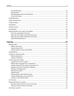 Page 3Unacceptable paper.......................................................................................................................................... 43
Selecting paper ................................................................................................................................................. 43
Selecting preprinted forms and letterhead ...................................................................................................... 43
Using recycled paper...