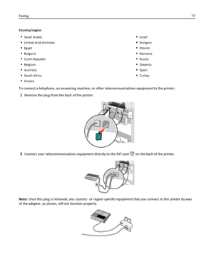 Page 77Country/region
Saudi Arabia
United Arab Emirates
Egypt
Bulgaria
Czech Republic
Belgium
Australia
South Africa
Greece
Israel
Hungary
Poland
Romania
Russia
Slovenia
Spain
Turkey
To connect a telephone, an answering machine, or other telecommunications equipment to the printer:
1Remove the plug from the back of the printer.
2Connect your telecommunications equipment directly to the EXT port  on the back of the printer.
Note: Once this plug is removed, any country‑ or region‑specific equipment that you...