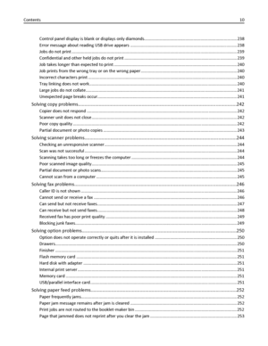 Page 10Control panel display is blank or displays only diamonds............................................................................... 238
Error message about reading USB drive appears ........................................................................................... 238
Jobs do not print ............................................................................................................................................. 239
Confidential and other held jobs do not print...