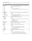 Page 164Menu itemDescription
Multipage Print
Off
2 Up
3 Up
4 Up
6 Up
9 Up
12 Up
16 UpSpecifies that multiple‑page images be printed on one side of a sheet of paper.
This is also referred to as N‑up or Paper Saver.
Notes:
Off is the factory default setting.
The number selected is the number of page images that will print per side.
Multipage Order
Horizontal
Vertical
Reverse Horizontal
Reverse VerticalSpecifies the positioning of multiple‑page images when using Multipage Print
Notes:
Horizontal is the factory...