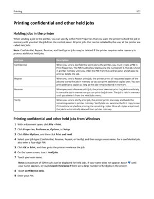 Page 102Printing confidential and other held jobs
Holding jobs in the printer
When sending a job to the printer, you can specify in the Print Properties that you want the printer to hold the job in
memory until you start the job from the control panel. All print jobs that can be initiated by the user at the printer are
called held jobs.
Note: Confidential, Repeat, Reserve, and Verify print jobs may be deleted if the printer requires extra memory to
process additional held jobs.
Job typeDescription
Confidential...